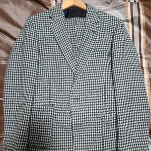 Mens Size 40R Harris Tweed 100% Wool Green Houndstooth Suit